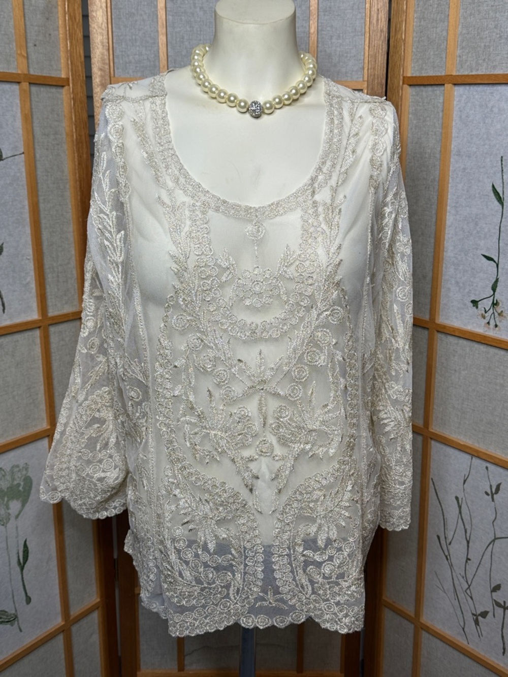 Women’s Embroidered Elegant, Sheer 3/4 Sleeve Boho Top in Ivory by Ultra Pink XL